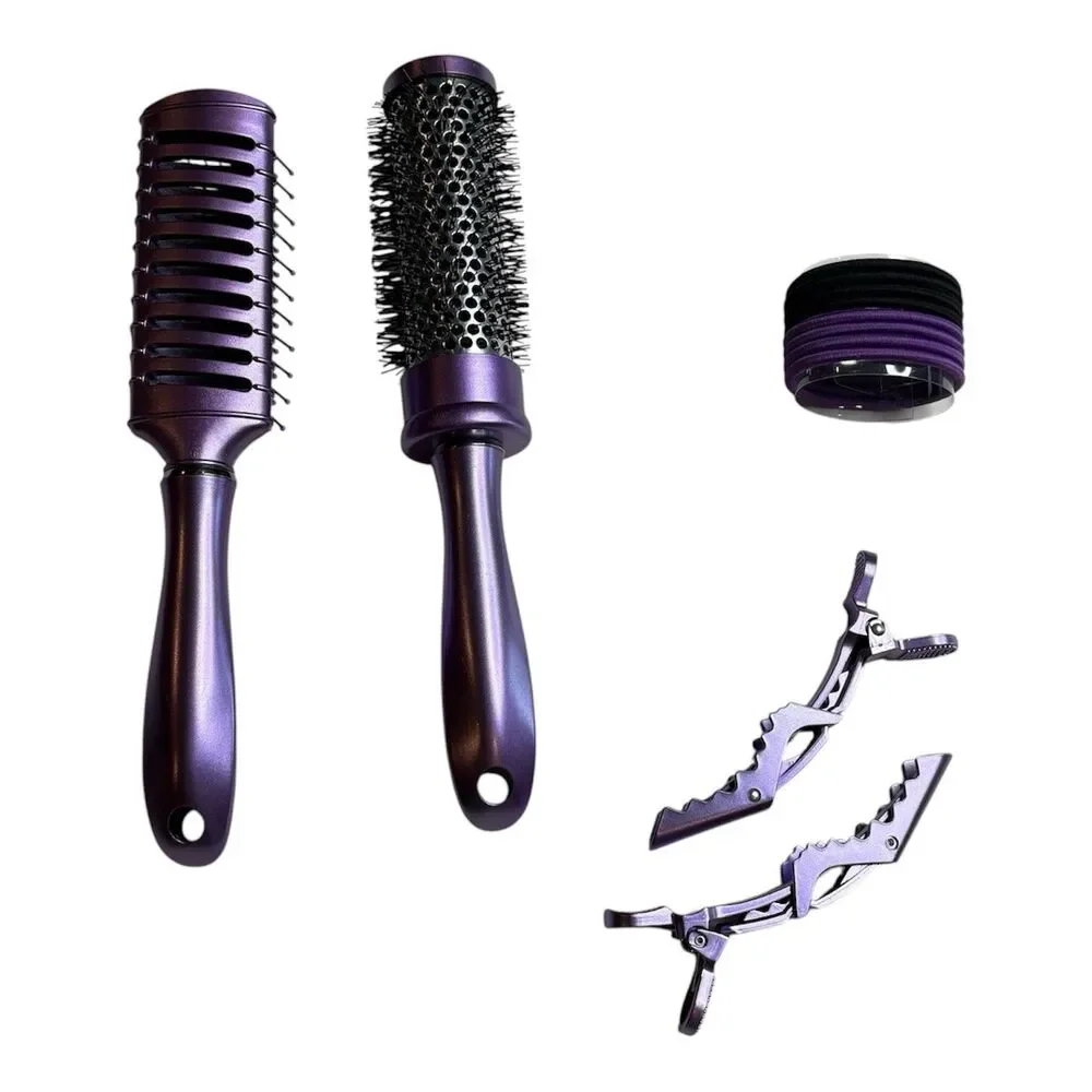 Purple Hairbrush Set Round blow Out Brush and Clips and Hair Ties Ponytalis New